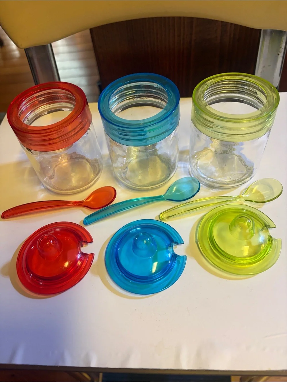 3 Clear Glass Spice/Condiment Jars with Bright Red, Blue, and Green Lids